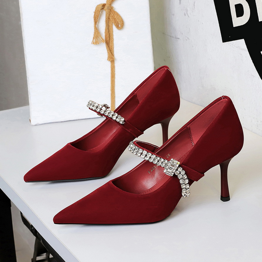 8837-A1 European American Pointed Toe Shallow Mouth Single With Rhinestones, One-Strap Suede Thin Heel High Heels For_vogvips.com