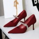 8837-A1 pointed shallow mouth single shoe with rhinestone flat strap suede fine heel high heels, daily banquet women's shoes