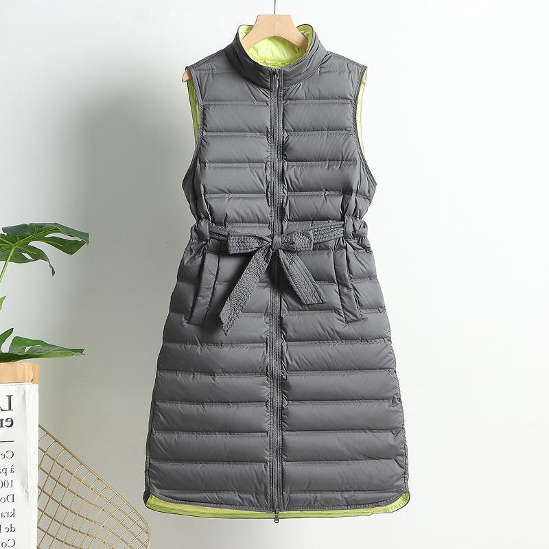 2023 Winter lightweight adhesive belt waist-tight down jacket vest women's long over-the-knee fashion stand leader waistcoat fashion