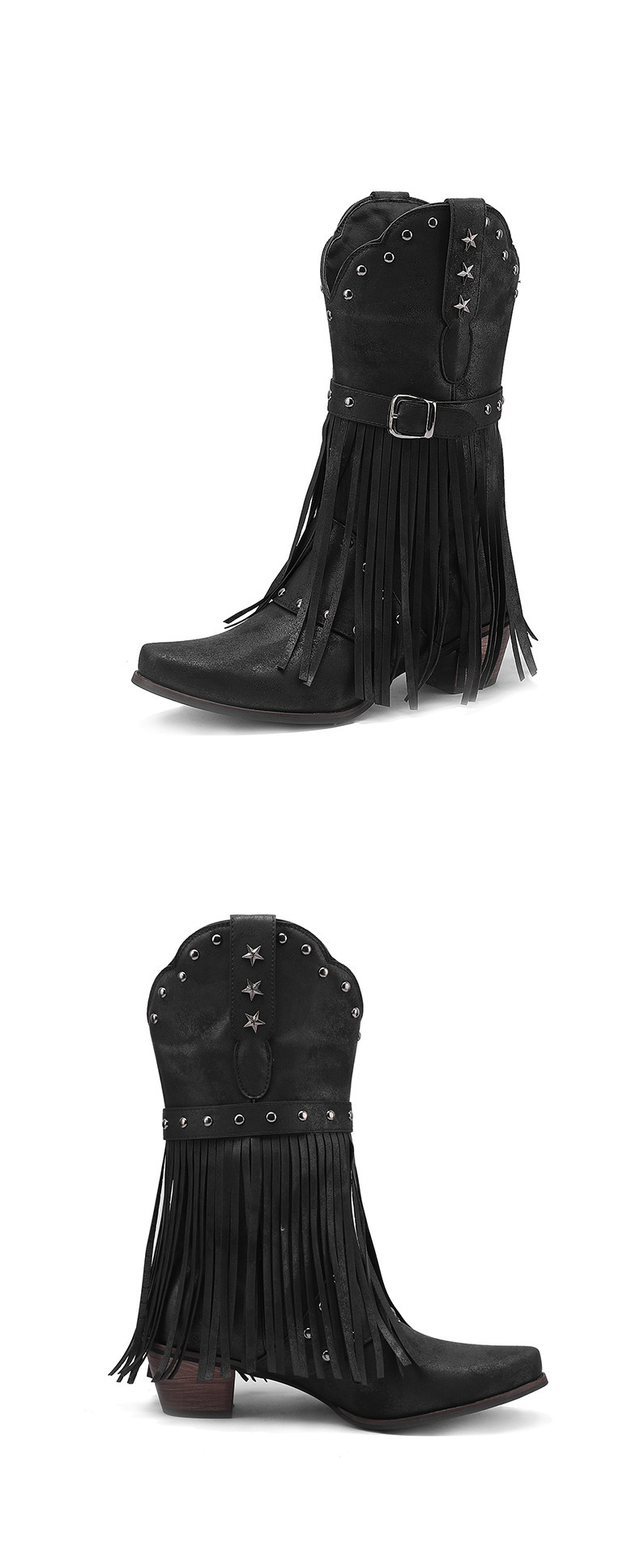 Western boots riveted belt buckle tassel mid-calf boots_voghion.com