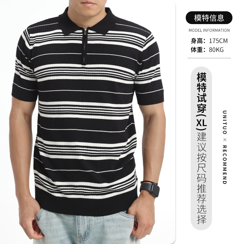 Verano hombre rayas de color contrastante hielo tejedido polo camisa de manga corta semia cremallera solapa textural ligera ropa de hombre de negocios