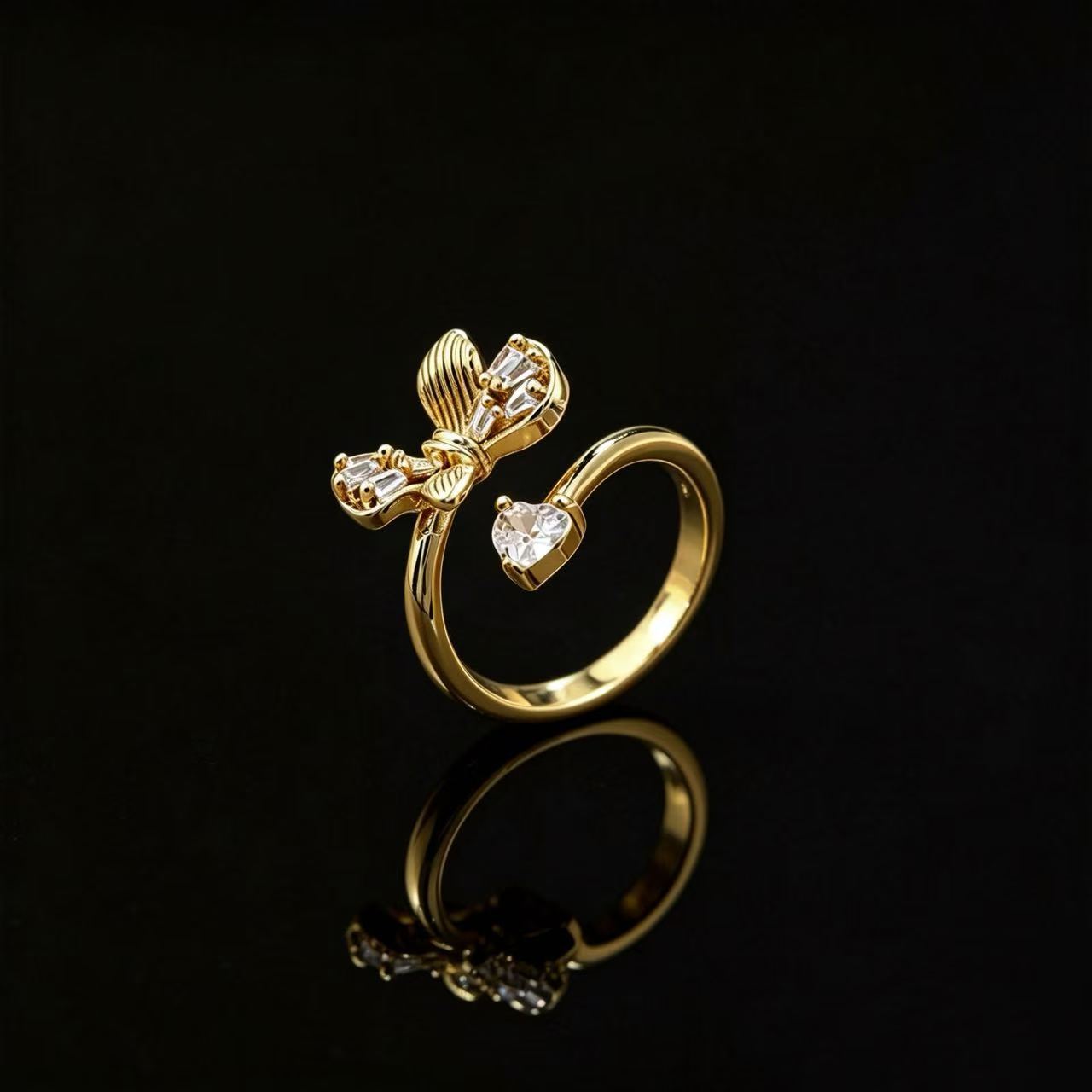 Fashionable and Simple Copper Micro-Inlaid Zircon Bowknot Open Ring for Women, Wedding Bride, Bridesmaid, High-End Trendy Style