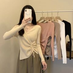 秋冬新款纯欲v领长袖针织打底衫毛衣女内搭设计感抽绳修身上衣潮