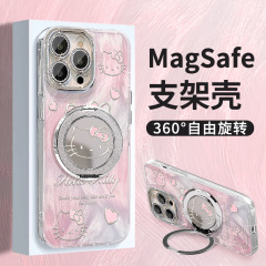 愛らしいKT猫の支点スタンド付き、Apple 16対応のかわいいスマホケース、17promax、羽根ガーゼ、15新作女性向け、14ハードケース