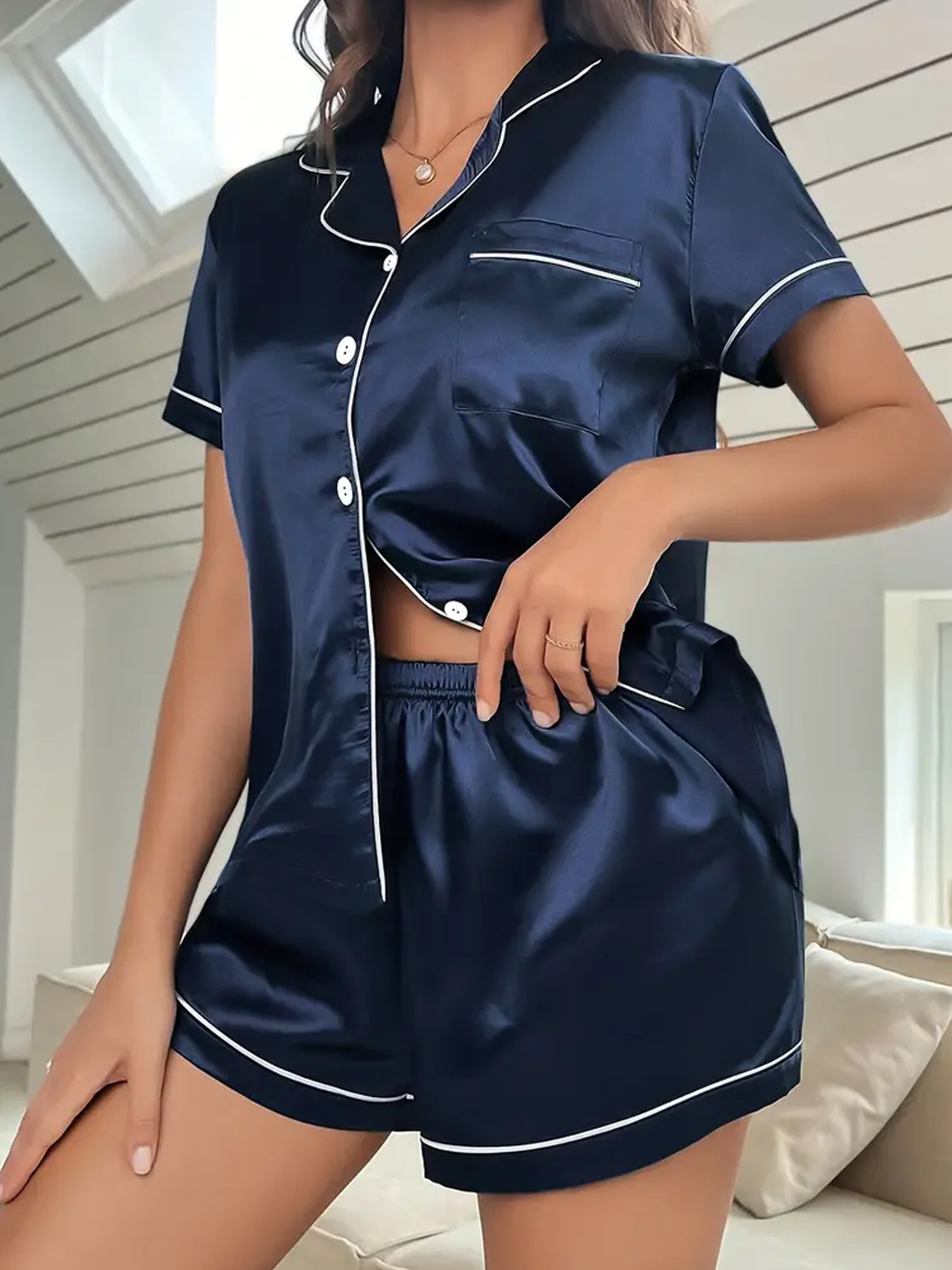 Nuevo pijama europeo y americano transfronterizo, tiras de verano, pantalones cortos básicos de manga corta de color sólido, trajes casuales de servicio a domicilio para damas al por mayor