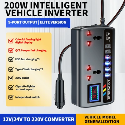 Car Inverter Converter 12V24V to 220V High Power Truck Car Charger Transformer Power Socket (Mobil şarj cihazları) - english-version-colorful-flowing-lights-new-international-socket-dual-pd-ports-running-ambient-lights