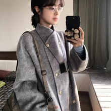 灰色双面绒大衣女2025年新款秋冬感毛呢小个子立领中长款外套