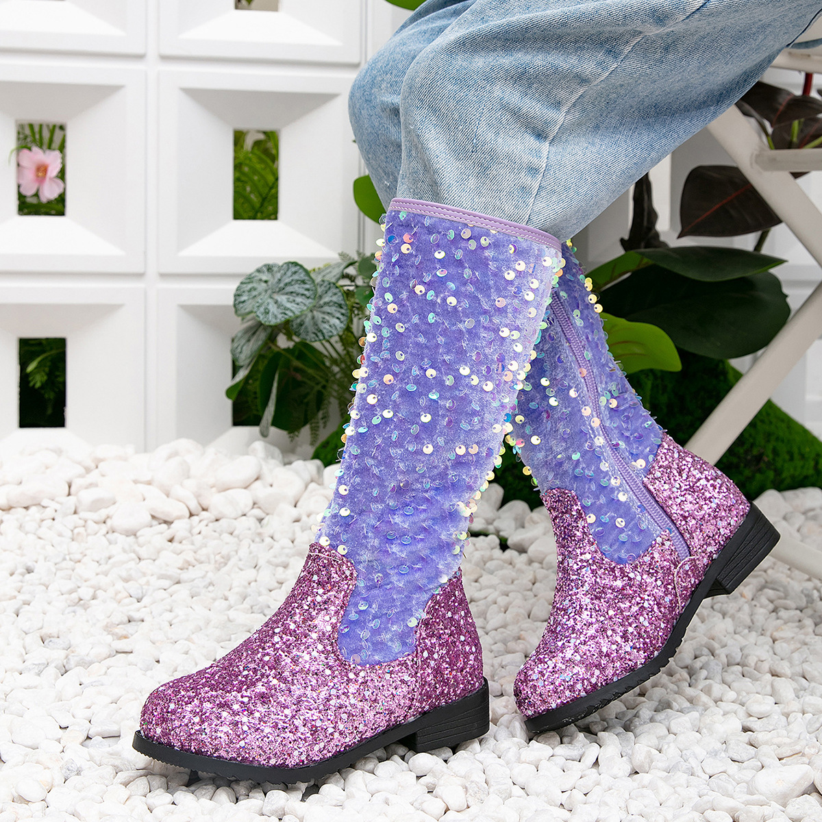 Kids' shoes autumn and winter new girls sequined princess boots little girls plus velvet warm long boots children's soft bottom high boots_voghion.com