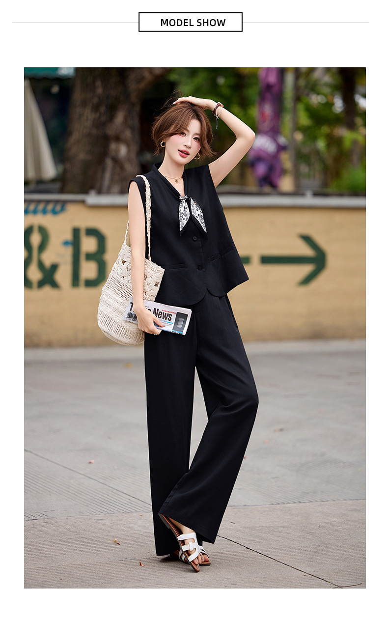 Bộ vest nữ gồm áo gile và quần tây ống đứng cạp cao — màu đen, màu cam, màu trắng ngà chi tiết 21