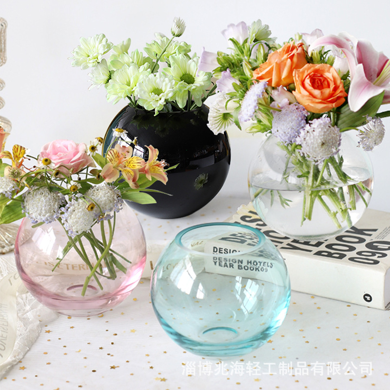 Thickened Transparent Ball Glass Vase Blue Living Room Flower Ornaments Black High-end Simple Restaurant Decoration