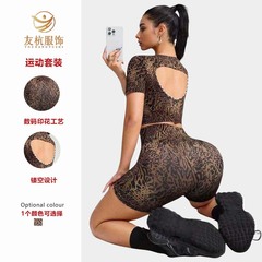 2025秋季新品亚马逊女装时尚豹纹印花U领7分袖上衣修身短裤套装