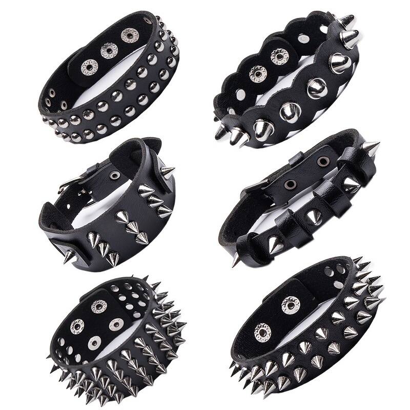 6Pcs Punk Style Alloy Spike Rivet Exaggerated Men's Wide Leather Bracelet Set
