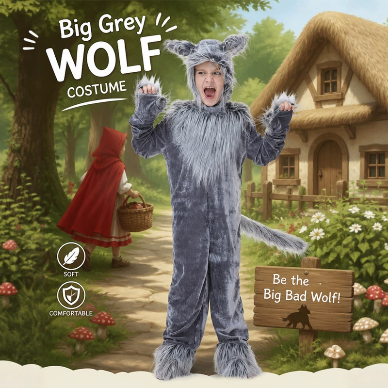 Children's Unisex Big Bad Wolf One-Piece Costume Animal Outfit Halloween Fairy Tale Stage Performance Costume Children's Unisex Big Bad Wolf One-Piece Costume Animal Outfit Halloween Fairy Tale Stage Performance Costume
