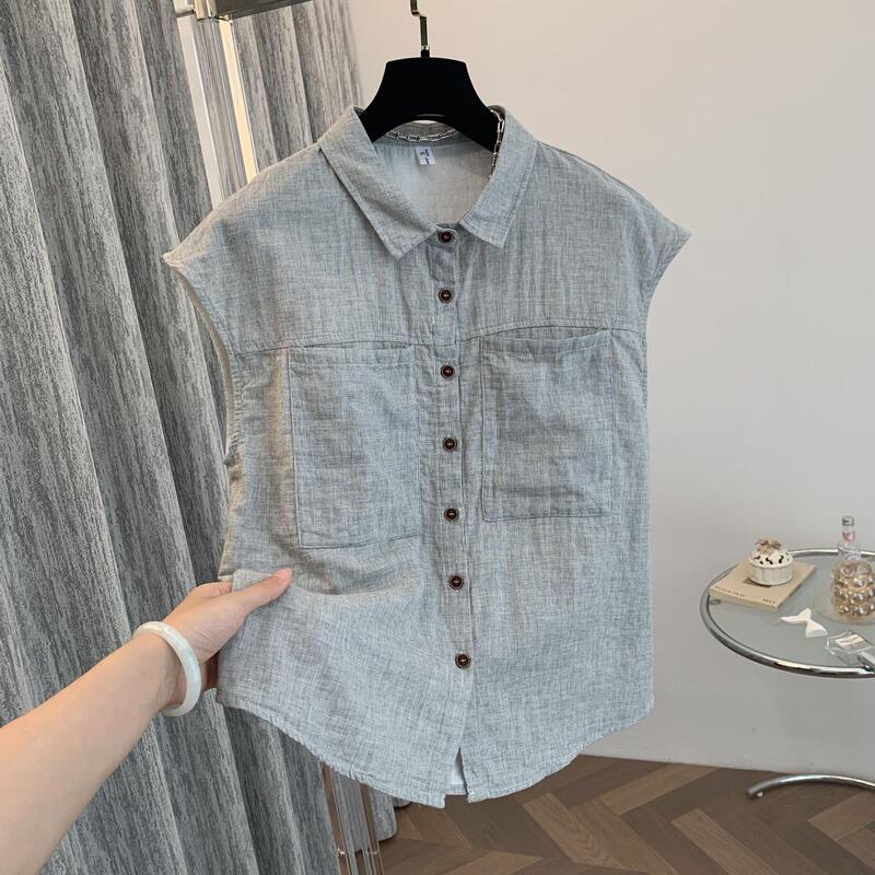Patchwork Sleeveless Fashionable Casual Women's Shirt in Light Gray, Stylish and Versatile, New Summer Model, Elegant Women's Clothing for Commuting