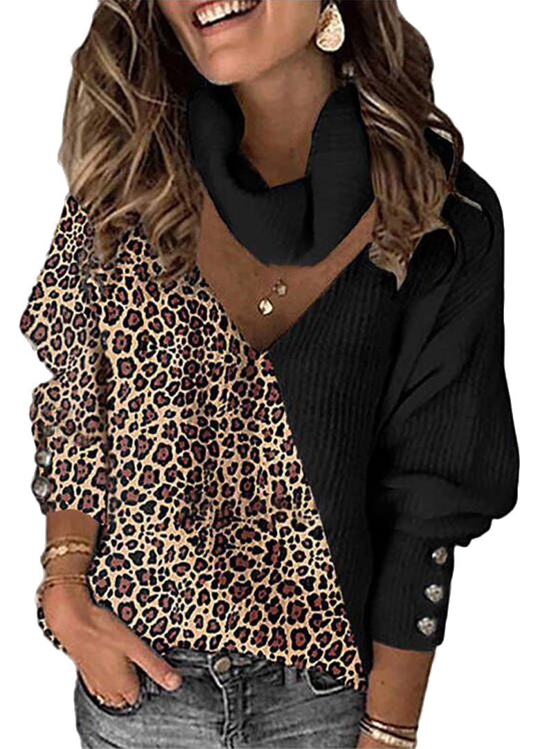 leopard print color matching V-neck loose neck openwork sweater nihaostyles wholesale clothes NSSYV105674