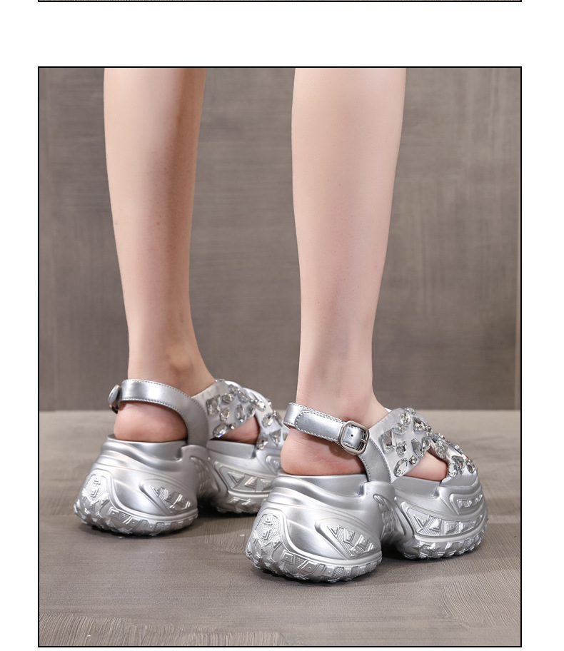 Sandal nữ đế dày tăng chiều cao đính đá phong cách La Mã — Màu đen, Màu bạc chi tiết 13