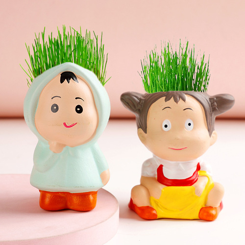Children's diy planting small potted plants creative desktop mini grass head plants micro landscape indoor ceramic green plants wholesale