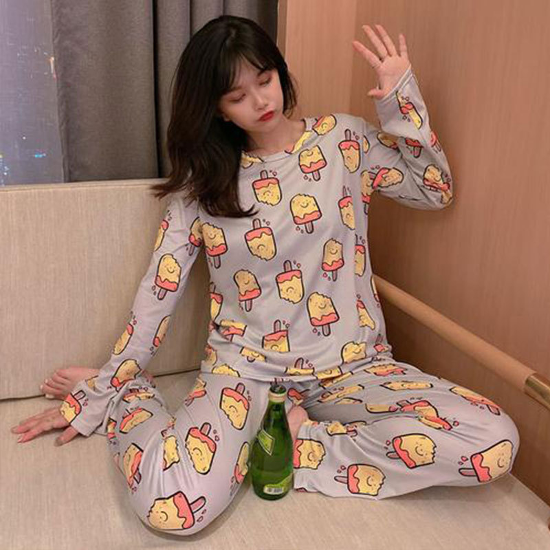 薄い長袖のパジャマの女性の春秋の2セットの日本のかわいいウサギの女性のカジュアルな年齢の家庭服のスーツ|undefined