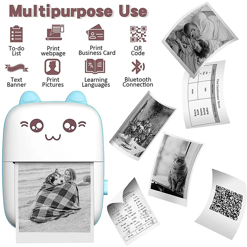 Mini Handheld Printer A8C, Thermal 200 dpi, Bluetooth Portable Photo Printer (110×80×30mm)