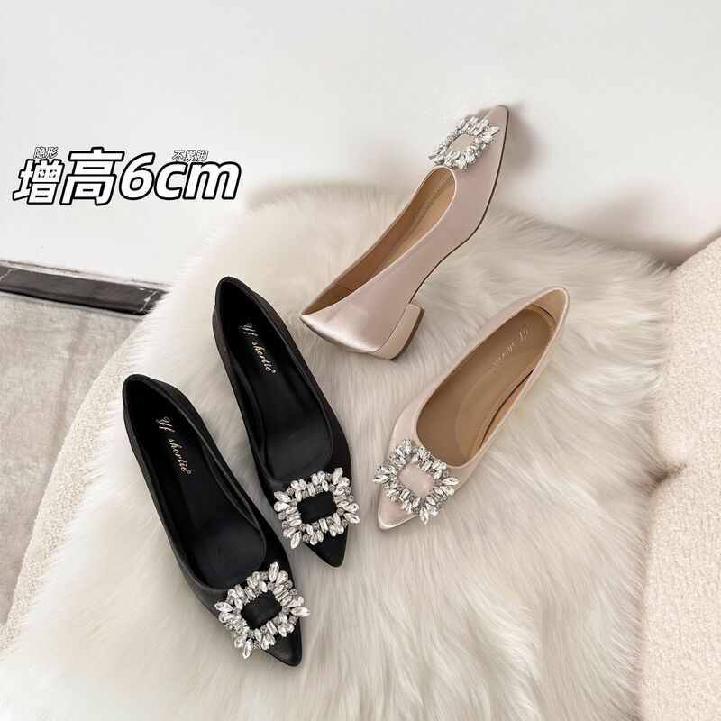 6cm Height-Increasing Rhinestone Square Buckle Pointed Toe Chunky Heel Women's Shoes 2026 New Model High-End Satin Shallow High Heels
