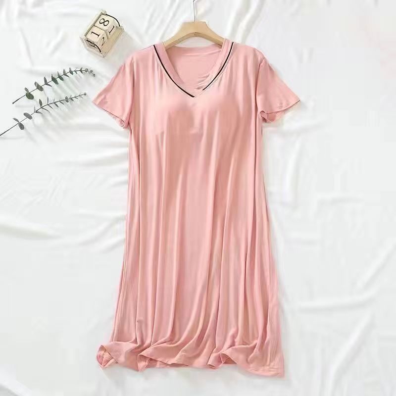 2025 verano vestido de dormir de mangas cortas mujer cojín de pecho de cuello en V delgado color sólido simple y suelto se puede usar ropa de hogar de tamaño grande