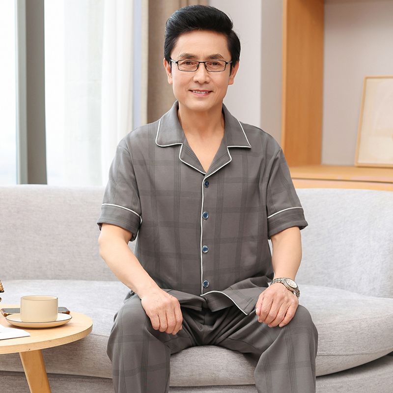 Papá pijamas de verano de algodón para hombres de manga corta delgada de verano pantalones largos de media manga para hombres de mediana edad set de ropa para el hogar