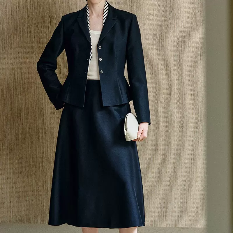 奥黛丽~姆米真丝收腰长袖西装外套女秋半身伞裙套装2025秋季新款