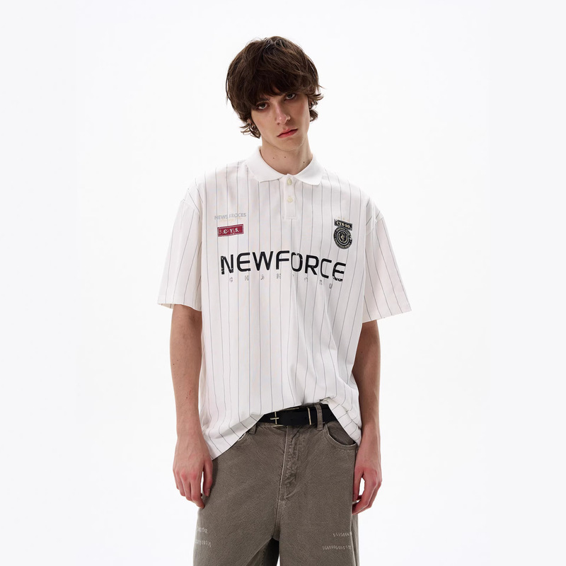 American Retro Striped Sports Jersey Polo Shirt with Distressed Print, Cool Lapel Short-Sleeve for Men and Women, Summer Casual Wear