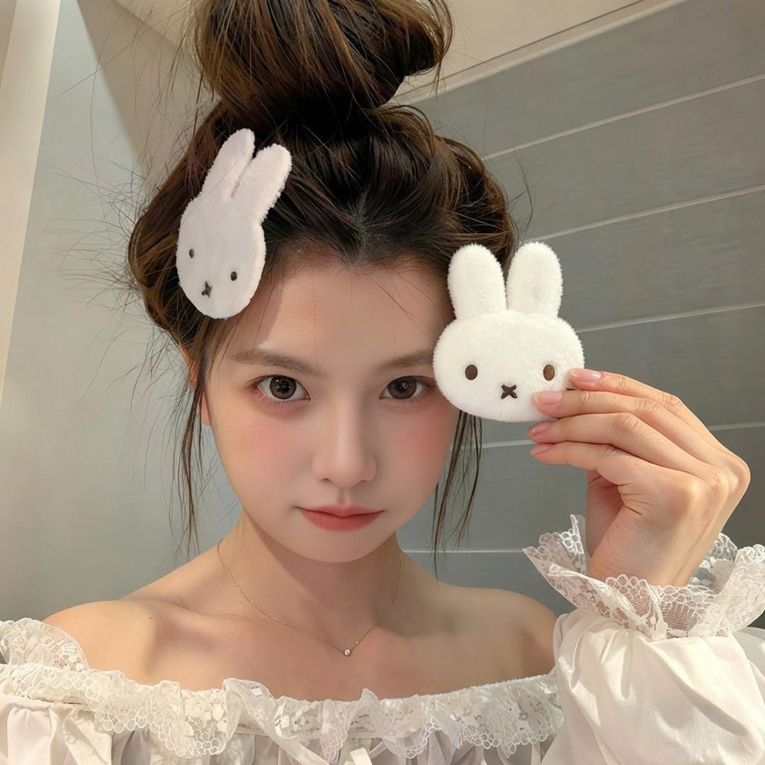 White Miffy Rabbit Velcro Cute Plush Cartoon Hair Clip Sweet Girl Forehead Bangs Hair Accessory