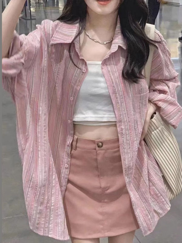 春秋多巴胺粉色衬衫女大码胖mm长袖防晒薄外套宽松慵懒开衫衬衣潮|undefined