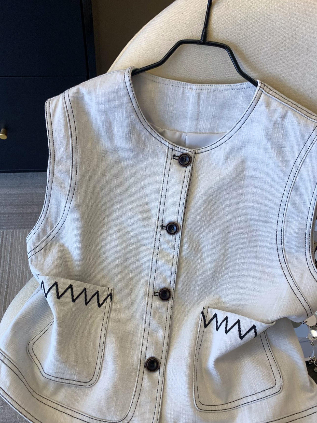 Áo gi lê nữ cổ tròn không tay chất liệu PU phong cách vintage — xanh lam