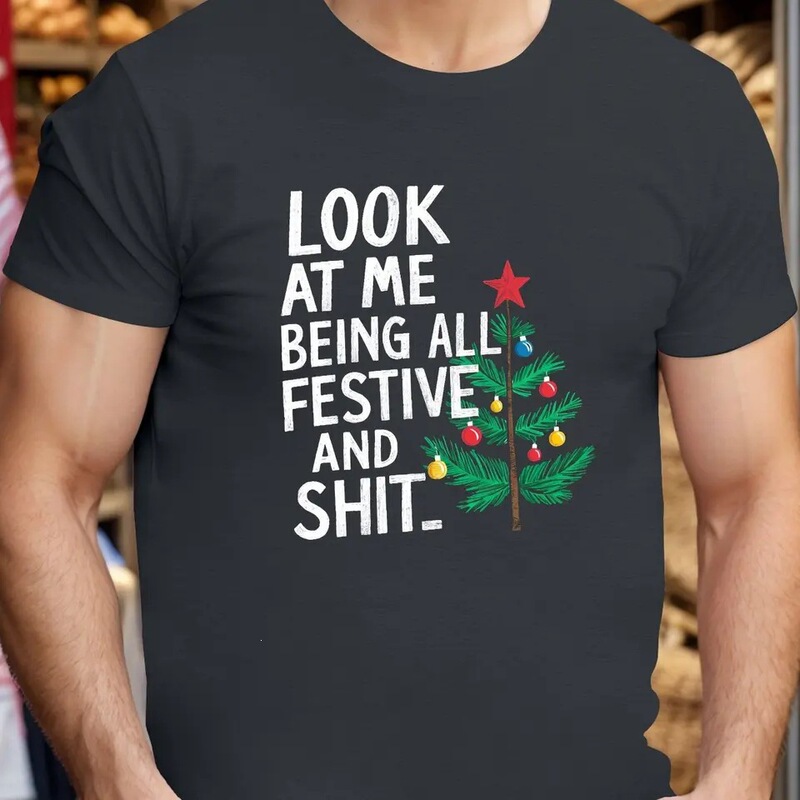 Men's Christmas patterned t-shirt, funny holiday-themed shirt with red and green accents, casual Christmas party wear for men