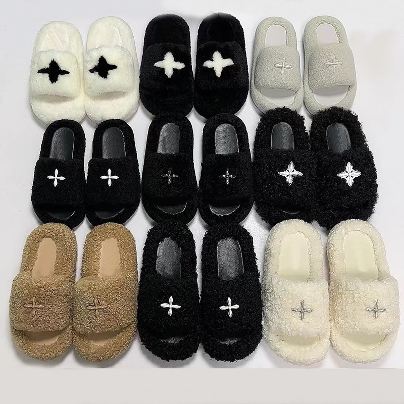 25Th Anniversary Autumn/Winter Smfk Black Furry Slippers for Women, Same Style as Wu Xuan Yi, Outdoor Wear, Wool Plush, Height-Increasing Thick Sole