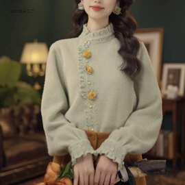 法式花边立领复古边长袖秋冬新款斜港风加厚衬衣裙装