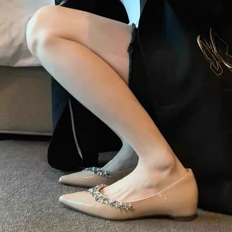 Genuine Leather ~ French Late Night Style Rhinestone Pointed Flat Shoes Women's Shallow Mouth Inner Height Increasing Single-layer Shoes Commuter Women's Shoes with Soft Sole