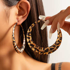欧美跨境夸张辣妹风豹纹大耳环Earrings设计感几何金属圆环耳圈女