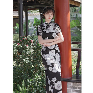 Silk long short-sleeved white flowers cheongsam ethnic ladies Plus size chinese dresses retro oriental cheongsam qipao for women girls ancient ways banquet cheongsam