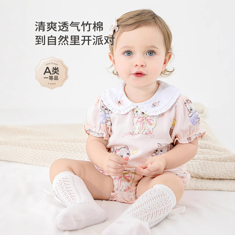 New Summer Gauze Baby Class A 7A Antibacterial Breathable Bamboo Cotton Embroidered Llace Collar Short Sleeve Fat Wrap Home Clothes