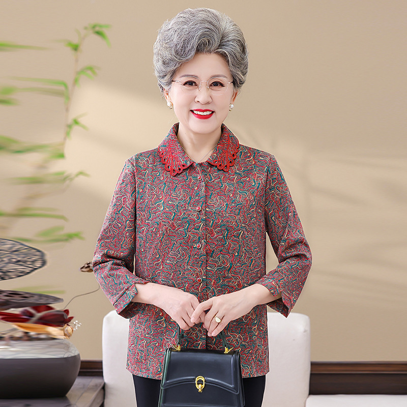 Grandma's Spring Clothes Shirt National Fashion Flower Clothes Old Lady's Long Sleeve Old Man's Shirt Mother's Shirt Spring and Autumn