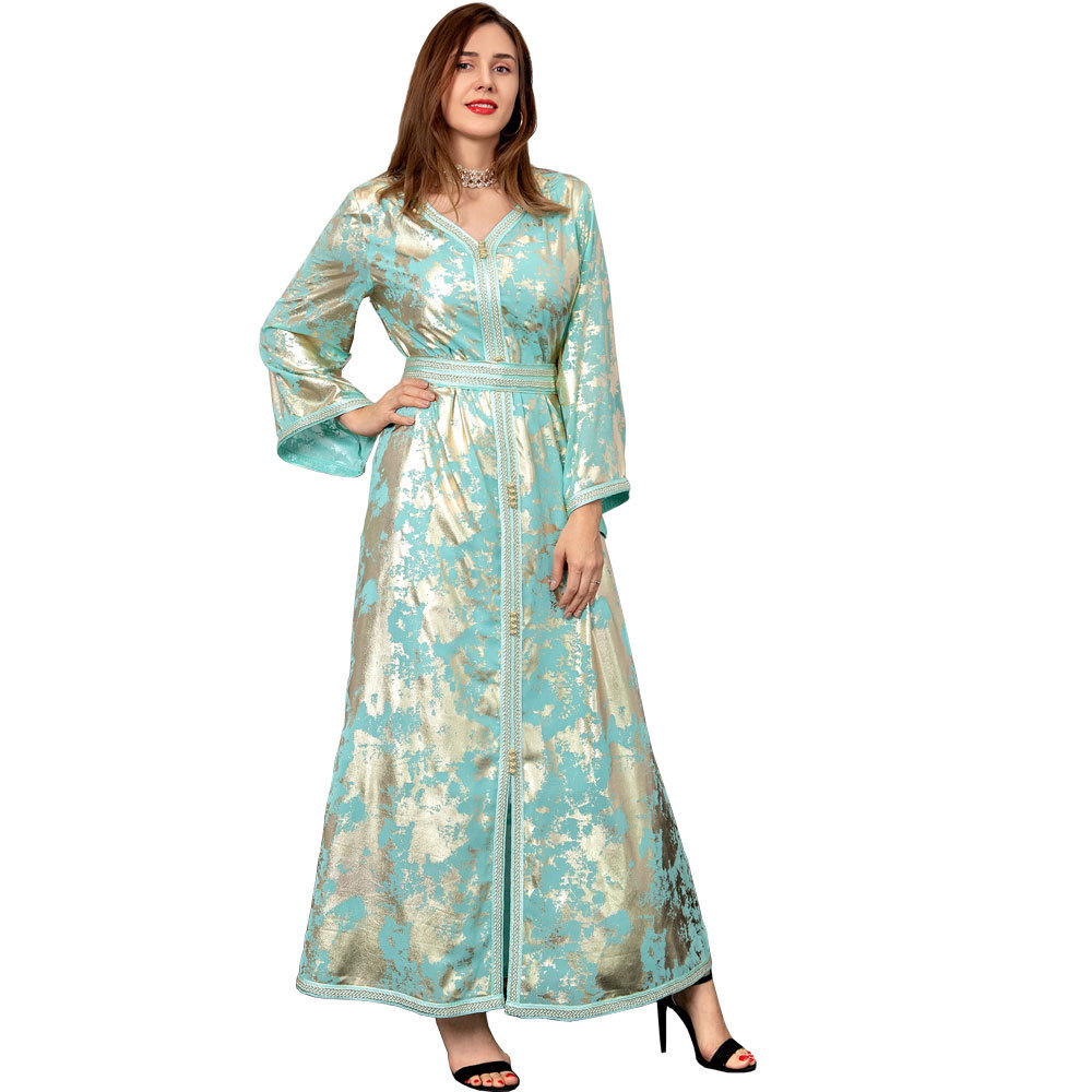 Ab139 Cross-border Middle East 2021 Autumn New Muslim Bronzing Robe Women's Two-piece Set With Belt Dress display picture 2