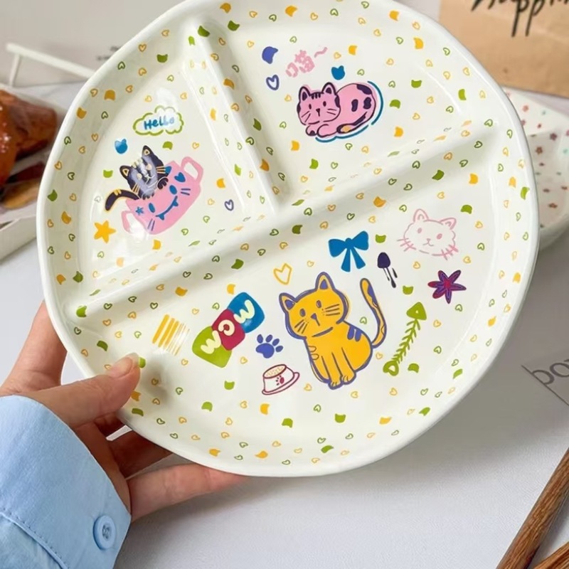 かわいい漫画のセラミックプレート家庭用ラウンドディッシュプレート分割プレートインスタイル朝食プレート一人用食器脂肪低減プレート|undefined