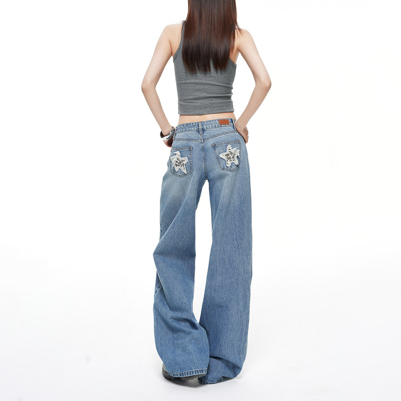 Summer New Leopard Print Star Design Low-Waist Loose Straight-Leg Floor-Length Jeans for Women, Hot Girl Style, Versatile and Slimming Summer New Leopard Print Star Design Low-Waist Loose Straight-Leg Floor-Length Jeans for Women, Hot Girl Style, Versatile and Slimming