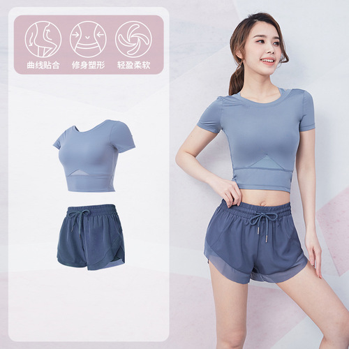 Women's Summer Yoga Set Slimming Quick-Dry Short-Sleeve Training Mesh Non-Slip Two-Piece Running Sports Set