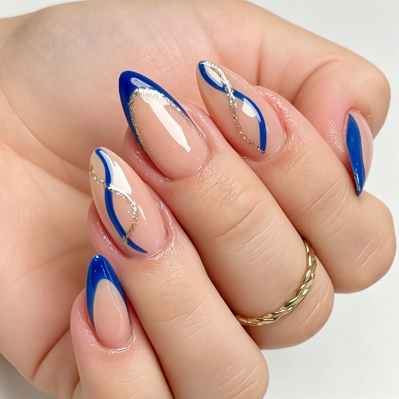 Simple blue-edged French-style press-on nails, medium-long almond shape in nude pink, mature and elegant style, ready-made nails for women's social gatherings