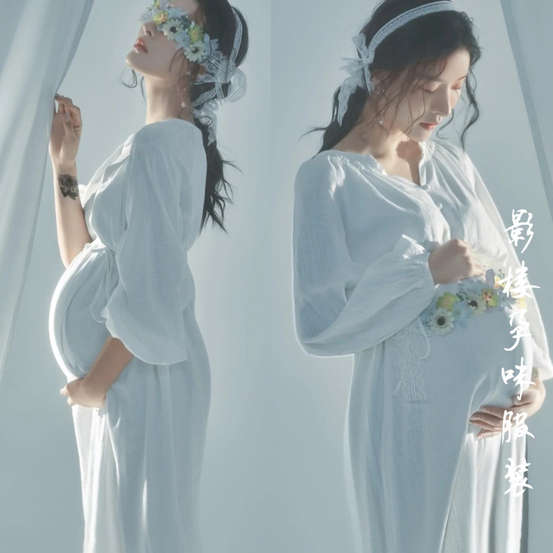 Photo Studio New Maternity Photo Clothing French Retro White Dress Big Belly Mummy Photography Art Photo Theme