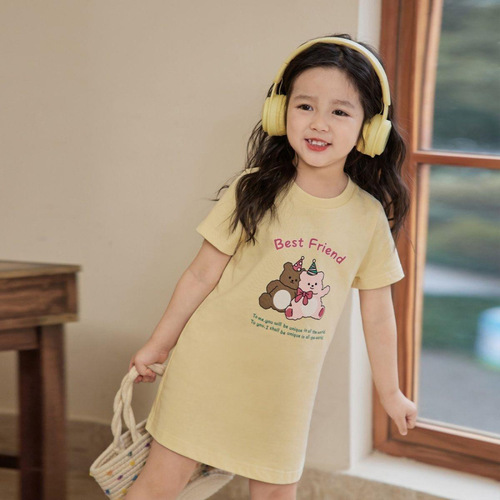 Children's pure cotton T-shirt dress for girls, summer short-sleeved dress, stylish long dress for girls, baby summer casual dress