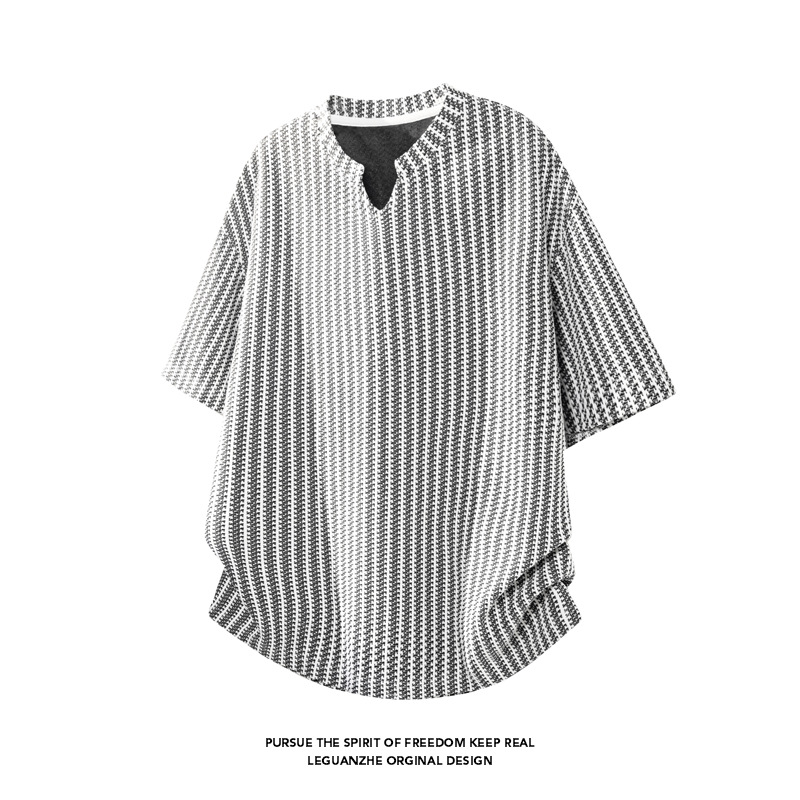 Herringbone Pattern V-neck Short-sleeve T-shirt Men, Summer Trendy American-style Clothing, Loose Fit, Heavy-duty_voghion.com