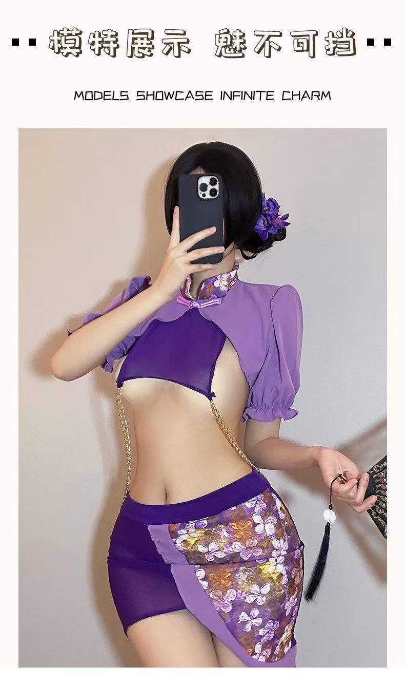 Retro Open-Chest Cheongsam Lingerie Set with Pull Chain, Purple Mesh Polyester, One Size — detail image 9