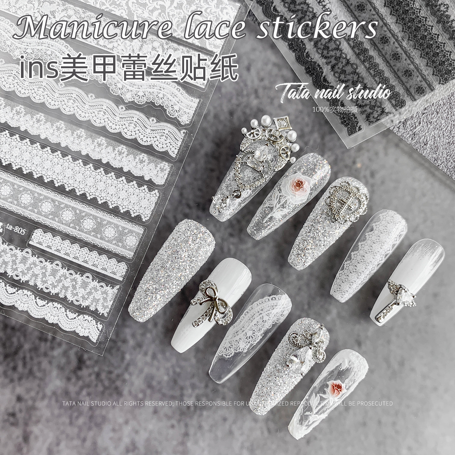 2021 temporada de bodas japonés ins pegatinas de encaje de uñas en blanco y negro nupcial de uñas boda ultrafina con adhesivos de lujo adhesivos