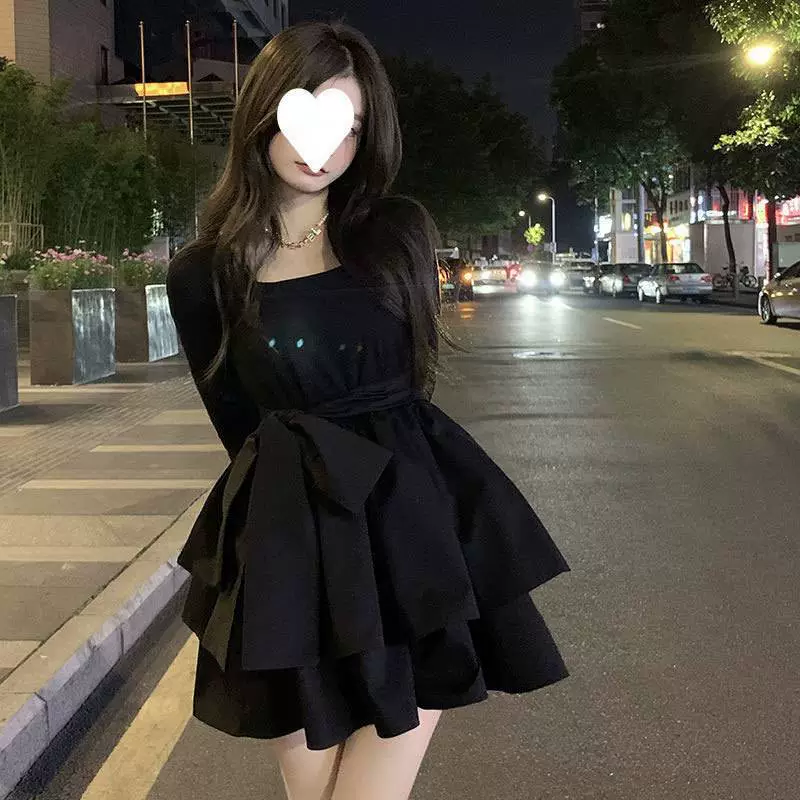 Хепберн ветер черный лебедь французская тонкая талия вязаная юбка утреннее осеннее платье маленькая черная юбка пушистая юбка принцессы женская